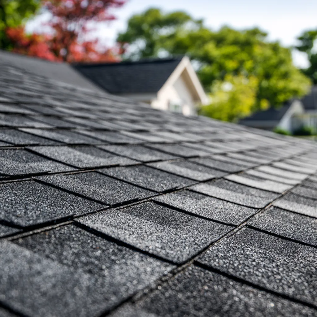 Black architectural shingles up close with neighboring homes blurred behind